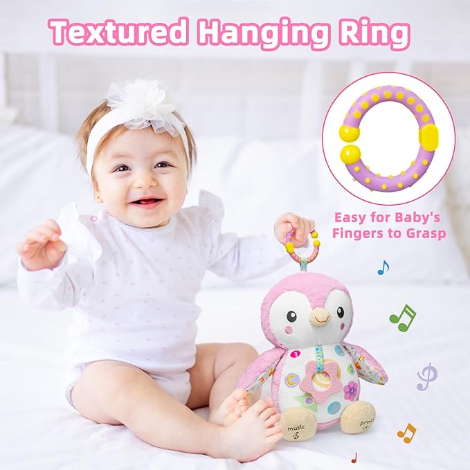 Baby Toys 0-6 Months,Musical Plush Stuffed Animal with Rattles & Crinkle Paper,Hanging Ring for Sensory Play,Tummy Time Toys for 0-12 Months Girls, Baby Girl Gift (Pink)