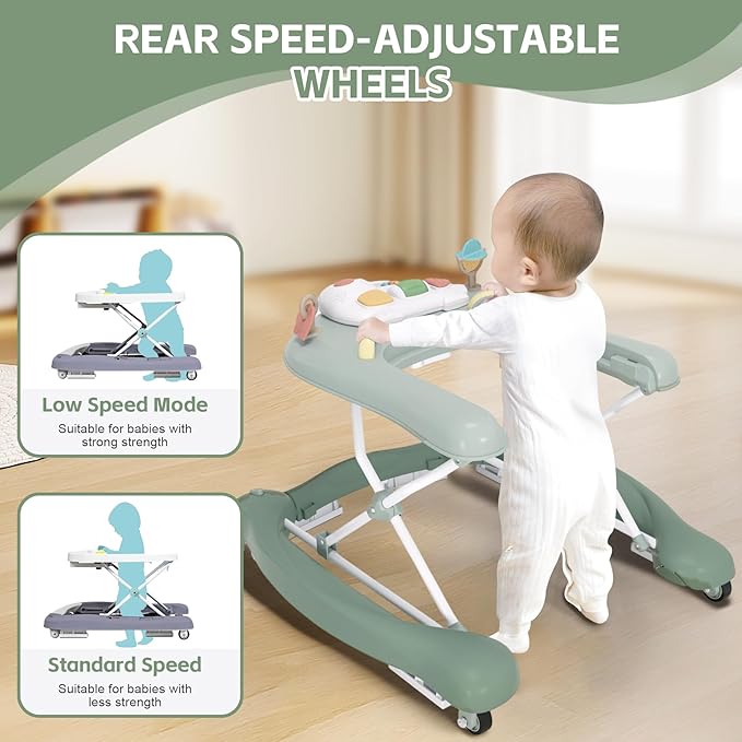 Foldable Baby 5-in-1 Activity Walker - Rocker, Activity Center, Bouncer, Seat Walker, Push Walker - Adjustable Speed Rear Wheels and Height Toys Ages 6-18 Months… (Light Green)