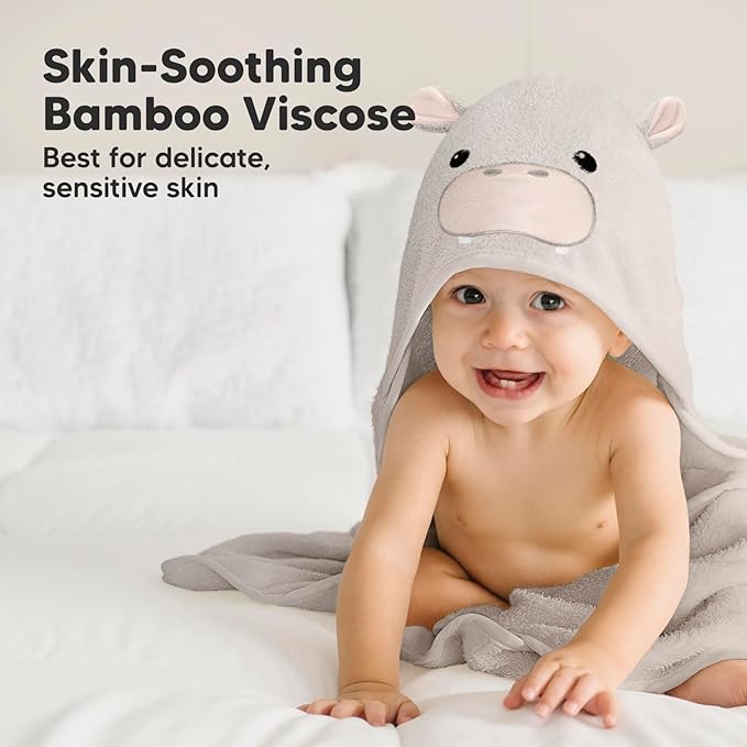 KeaBabies Hooded Baby Towel for Newborn - Viscose Derived from Bamboo Large Baby Bath Towels with Hood for Boys, Girls, Toddler, Extra Absorbent & Soft Newborn Bath Essentials (Hippo)