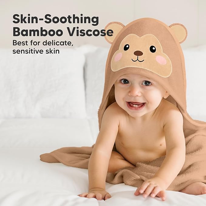 KeaBabies Hooded Baby Towel for Newborn - Viscose Derived from Bamboo Large Baby Bath Towels with Hood for Boys, Girls, Toddler, Extra Absorbent & Soft Newborn Bath Essentials (Monkey)