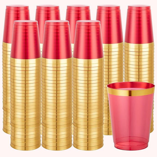 supernal 100 Pcs Red Plastic Cups - 10 Oz Clear Disposable Cups with Gold Trim,Clear Red Plastic Cocktail Glasses Perfect for Weddings,Birthday,Parties & Elegant Events,Disposable Party Cup