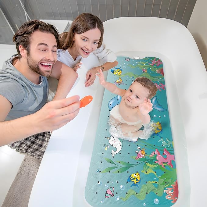 XIYUNTE Baby Bath Mat for Tub Non Slip Kids Bath Mat - 40''x16'' Extra Long Cartoon Dolphin Baby Bath Tub Mat Eco-Friendly Toddler Bath Mats with Suction Cups & Drain Holes Easy to Clean & Easy Drying