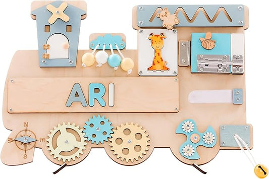 Customized Name Puzzle for Toddlers (Fixed I J Letters) Personalized Toddlers Busy Board, Baby Personalized Board for 1-5 Years Old, Birthday Gift, Montessori Toys (Pastel Boy)