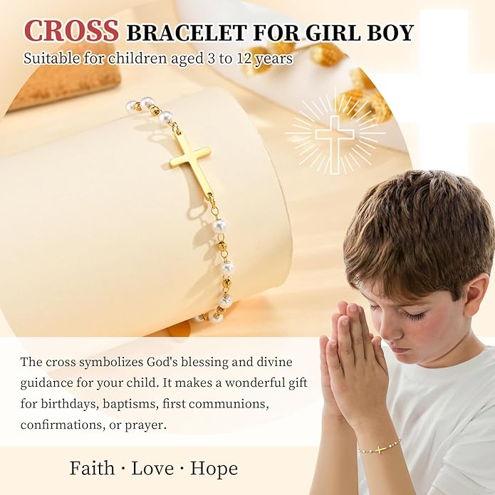 Baby Baptism Cross Bracelet Gift : 18k Gold Plated/Silver Delicate Pearl Cross Bracelets Kids Daughter Granddaughter Birthday First Communion Confirmation Gifts Christian Jewelry for Boys Girls