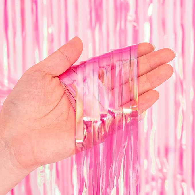 BRAVESHINE Clear Pink Streamers Party Decorations Iridescent Foil Fringe Backdrop - 2 Pack 3.2 x 6.5 ft Holographic Tinsel Curtain Party Photo Backdrop for Valentine’s Girl Birthdays Engagement Decor