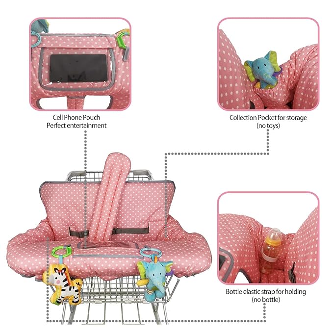 ICOPUCA Shopping Cart Cover, 2 in 1 cart Cover for Babies N high Chair Cover, Padded Grocery cart Cover for Baby Girl boy, with 1” Thick/Removable/Reversible Cushion, Pink dots;
