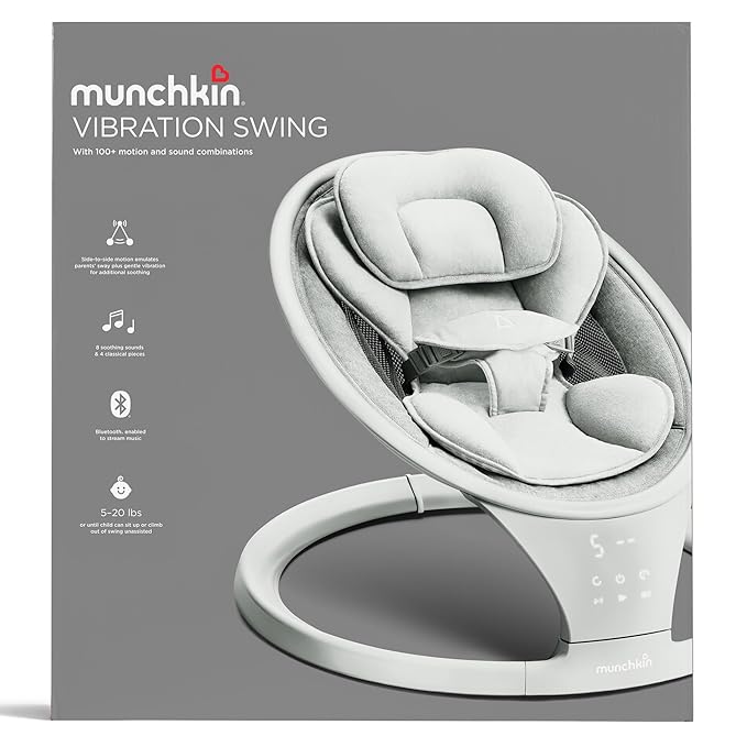Munchkin® Vibration Baby Swing, Light Grey - Bluetooth-Enabled Smart Seat with Music, Motion, and Sounds
