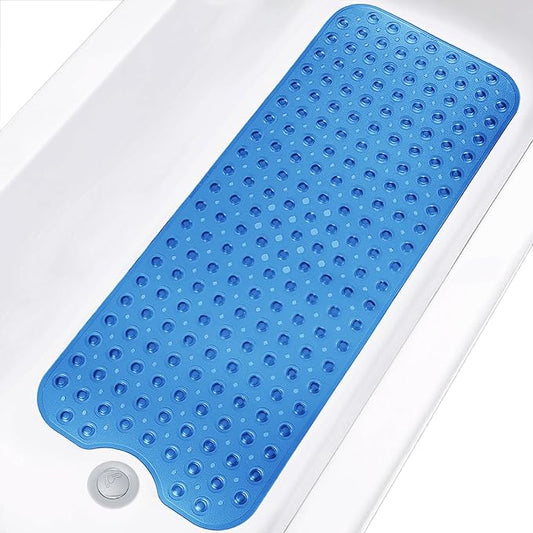 Linoows Bathtub and Shower Mats, Extra Long Non-Slip Bath Tub Mat 39 x 16 Inch, Machine Washable Bathmat with Suction Cups & Drain Holes for Bathroom Floor, Clear Royal Blue