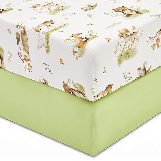 TILLYOU Baby Crib Sheets for Boys Girls, Super Soft Toddler Bed Sheets, 2 Pack Sheets for Standard Crib Mattress 28x52in, Playing in The Woods and Green