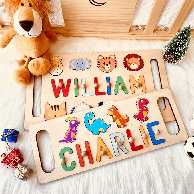 Name Puzzle for Kids Personalized, Custom Baby Gifts with Engraved Text on The Back, Personalized Name Puzzles for Toddlers 1-3 with Pegs, 1st Birthday Gifts for Boys & Girls Kid Toys
