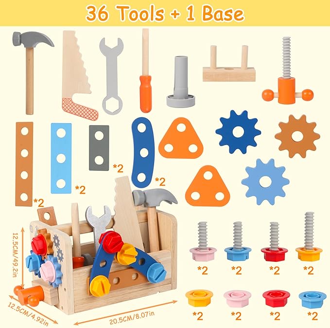 Wooden Kids Tool Set, 38PCS Educational STEM Construction Toys for 3+ Toddler, Wooden Tool Bench Montessori Toy Tool Box for 3 4 5 YO Boys & Girls Birthday Gift (36Pcs)