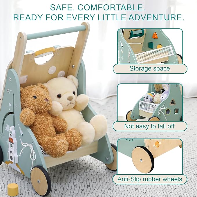 Adjustable Wooden Baby Walker – Montessori Push Toy for 1 Year Old with Rocket-Themed Activity Center, Sit-to-Stand Walker Gift for Boys and Girls