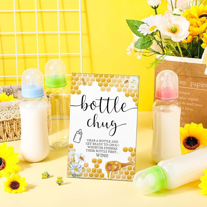 Roowest Bottle Chug Baby Shower Game Favors 12 Pcs Baby Bottles Shower Favor with 1 Wooden Sign for Gender Reveal Party Supplies Gifts(Bee)