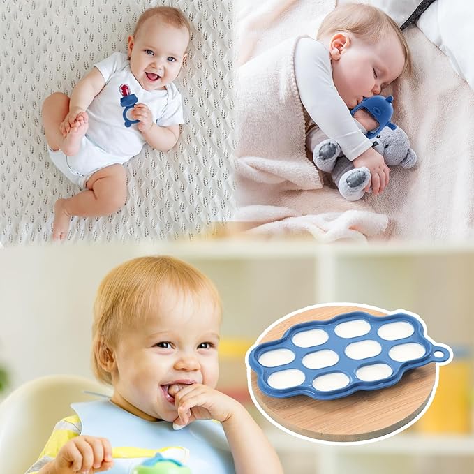 Baby Fruit Feeder & Breastmilk Popsicle Molds – (3-Pack) Teething Relief Set with Mesh & Silicone Pacifiers, Freezer Tray, Food Feeder for 0–12 Months, BPA Free – (Steel Blue)