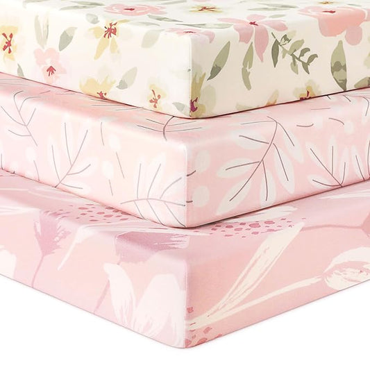 Baby Crib Sheets for Boys Girls, Fitted Crib Sheet Neutral 3 Pack for Standard Crib and Toddler Mattress, Breathable Soft Microfiber Baby Sheet 28x52x8in Pink Flowers & Leaf