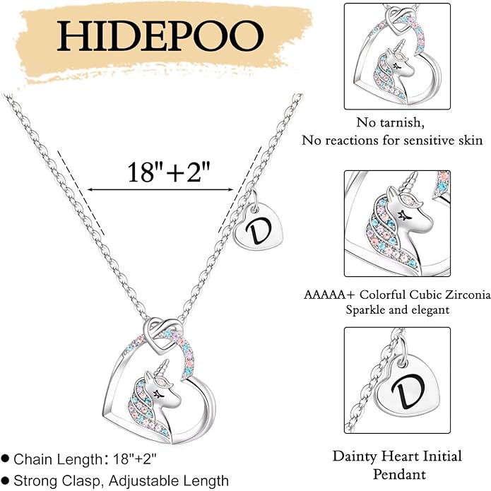 Hidepoo Unicorn Necklace Gifts for Girls Daughter - Colorful CZ Heart Pendant Initial Unicorn Necklaces for Girl Teens Little Girls Jewelry Birthday Gift