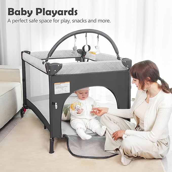 4 in 1 Baby Bassinet Bedside Crib with One-Hand Setup & Waterproof Mattress – ASTM-Certified Pack and Play, Portable Foldable Playard with Diaper Changer for Newborn to Toddler (Grey)