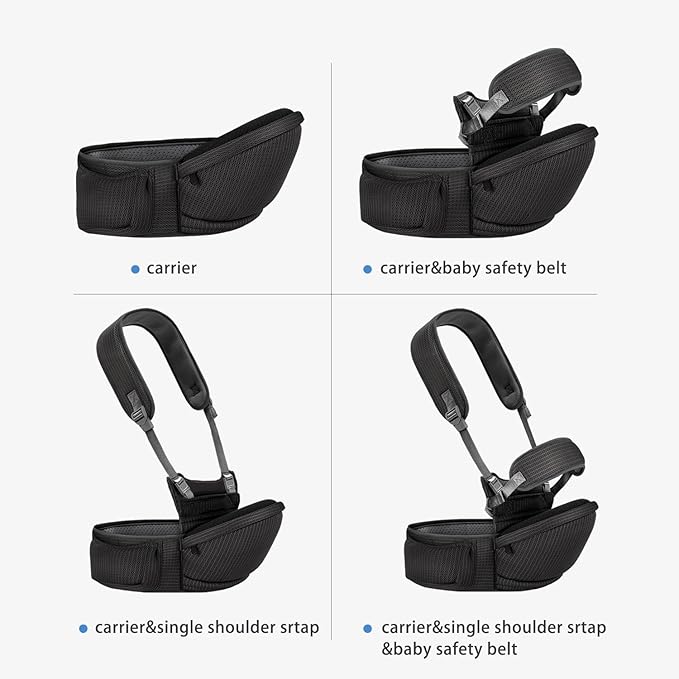 Baby Hip Carrier - Hip Carrier for Baby with Baby Safety Strap - Toddler Carrier 7-45 lbs - Ergonomic Infant Holder Baby Carrier with Hip Seat Large Capacity Pockets(Black)