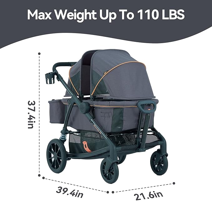Pamo Babe Double Stroller Tandem Stroller for 2 Kids Push Pull Kids Wagon Adjustable Handle Waterproof and Sunproof Canopies Large Removable Storage Baskets