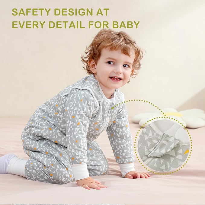 Super Soft Removable Long Sleeve 2.5 TOG Sleep Sack with Legs, 100% Cotton Winter Toddler Sleeping Sack with Feet, Graphic, Size M