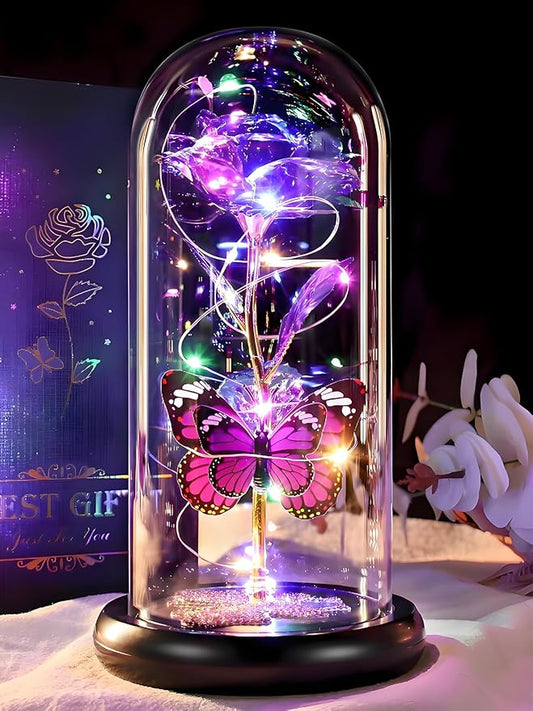 DEEMEI Birthday Gifts for Women Purple Rose Eternal Flower Light Up Rose in Glass Dome with Butterfly Gifts for Women Thanksgiving Anniversary Grandma Girlfriend Wife Gift for Her
