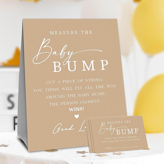 Baby Shower Measure The Baby Bump, Brown Measure Mommy's Belly Game Set - 1 Self-Standing Sign And 50 Tickets - Gender Reveal, Baby Shower, Baby Announcement Activity & Party Favor Supplies - A08