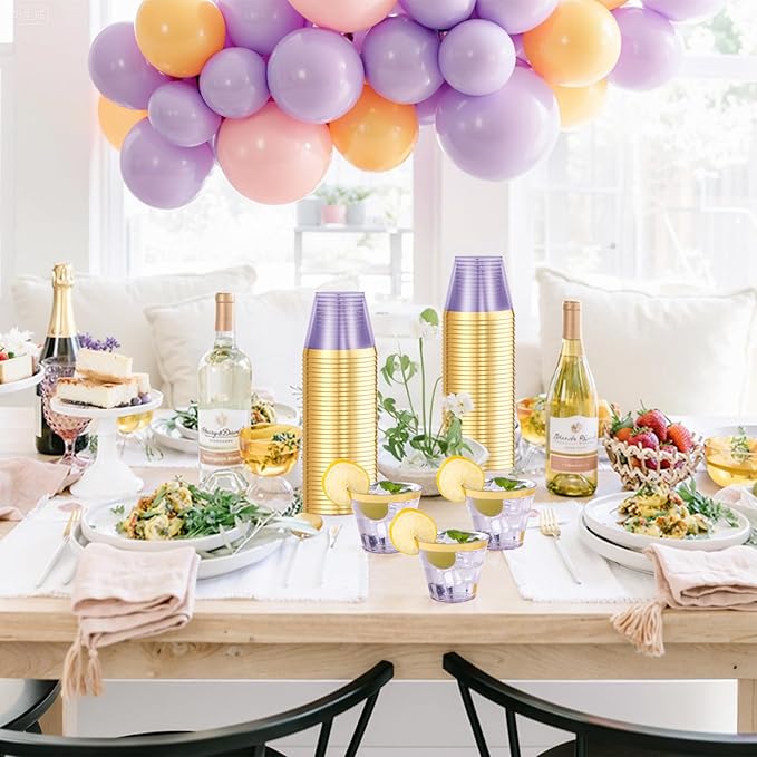 supernal 100 Pack Purple Plastic Cups, 9 Oz Clear Purple Disposable Cups with Gold Rimmed - Plastic Wine/Cocktail Glasses, Disposable Bridal/Shower Baby Shower Cup Perfect for Party & Wedding