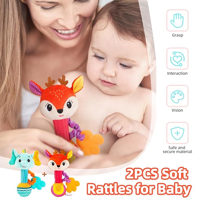 Baby rattles 0-6 months, Set of 2 rattles for babies 0-6 months, Soft Stuffed Animal Rattle Hand Grip Baby Toys, baby rattle Shaker Crinkle Squeaky Sensory Travel Accessories for 0 3 6 9 12 Months old