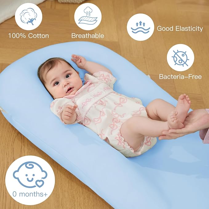Lucakuins Baby Lounger, Bionic Design Baby Lounger for Newborn 0-24 Months, Soft Organic Cotton Breathable Lounger for Infants (Blue Newborn Lounger)