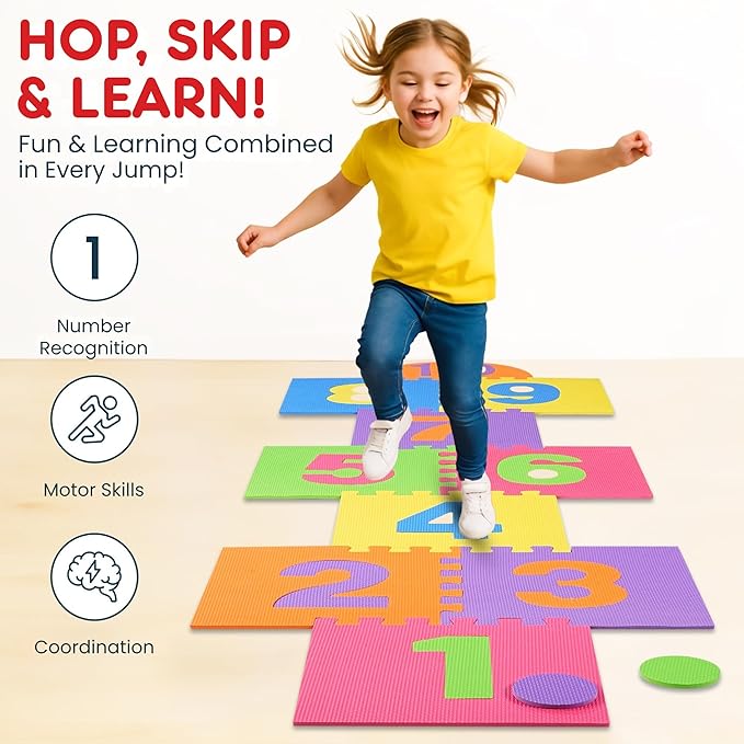 Hopscotch Playmat Foam Interlocking Puzzle Floor Mat - 10 Large Number Tiles (12" by 12" Square Blocks)