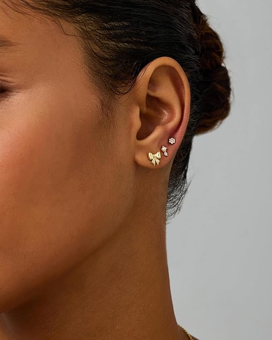 PAVOI 14K Gold Plated Dainty Flat Back Earrings for Women - Hypoallergenic Sterling Silver Posts Helix Cartilage Piercing Jewelry - Emoji Motif Bow Celestial Flatback Gold Stud Earrings Screw Back