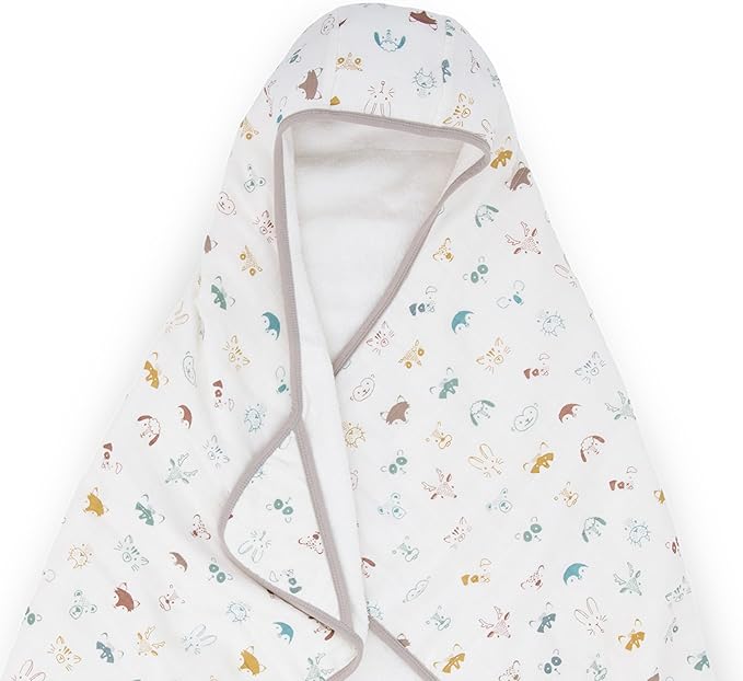 Little Unicorn Premium Hooded Bath Towel| Absorbent Cotton & Terry Blend | Larger Size, 1-6 Years (Animal Crowd)