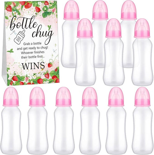 TrelaCo Cool Baby Shower Games Sets 12 Pcs Feeding Bottles with 1 Bottle Chug Sign for Gender Reveal Baby Shower Party Favors Decoration Games(Strawberry,Pink)