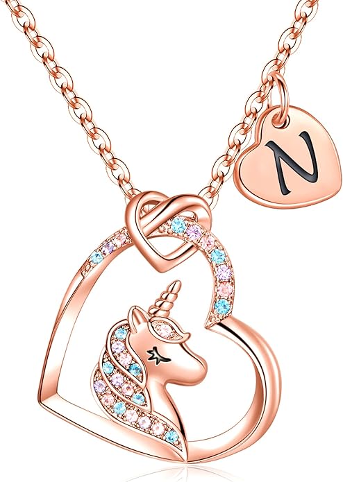Hidepoo Unicorn Necklace Gifts for Girls Daughter - Colorful CZ Heart Pendant Initial Unicorn Necklaces for Girl Teens Little Girls Jewelry Birthday Gift