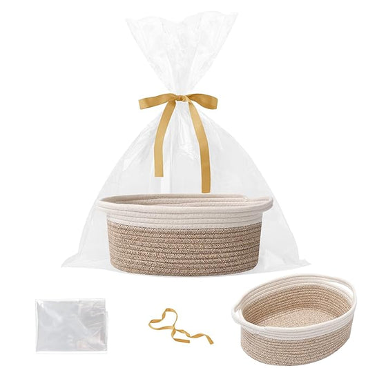 Gift Basket with Gift Bag and Ribbons,Small Rope Woven Shelf Storage,Baskets for Gifts Empty,Birthday,Shower,Decorative Organizer Box for Cat Dog Pet with Handles(White&Mixed Brown)