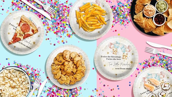 Birthday Galore Twin Teddy Bear Baby Shower - 32 Piece Disposable Party Supplies - Twins Baby Shower Decorations - Round Party Plates - Large 9 Inch Paper Plates In Bulk