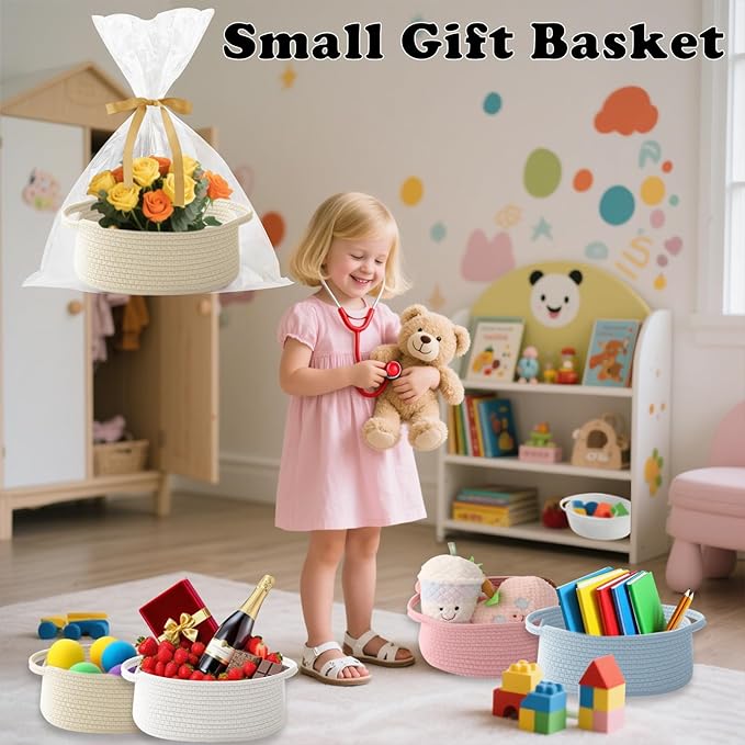 Gift Basket with Gift Bag and Ribbons,Small Rope Woven Shelf Storage,Baskets for Gifts Empty,Birthday,Shower,Decorative Organizer Box for Cat Dog Pet with Handles(Cream)