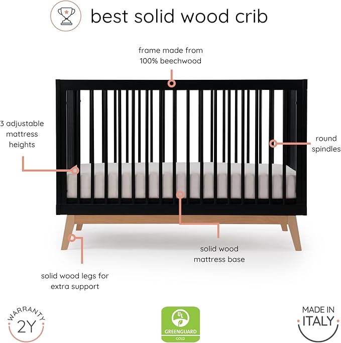 dadada Baby Soho 3 in 1 Convertible Wooden Crib to Toddler Bed - Made in Italy, GREENGUARD Gold Certified, Baby-Safe Finish, Sustainable Beech Wood, Modern Design, 3 Adjustable Heights (Black/Natural)