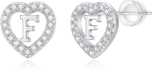 Initial Heart Earrings for Girls, Sterling Silver Post Silver/Rose Gold Heart Initial Stud Earrings for Little Girls Kids Baby Earrings Non Tarnish Hypoallergenic Earrings for Teen Girls Gifts Jewelry