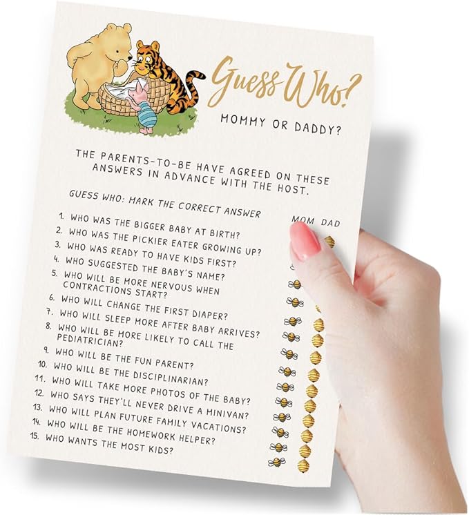 Printed Party Winnie Baby Shower Game Set – 4 Games with Classic Pooh Theme for 30 Guests, Includes Bingo, Mommy Trivia, Emoji Storybook, and Guess Who, Bear Theme for Boy or Girl