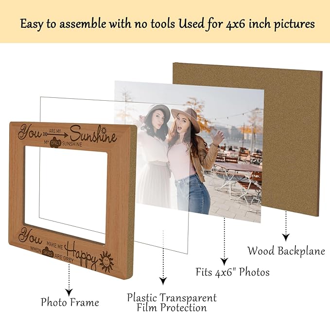Inspirational Picture Frame, Wooden Photo Frame with Stand, You are My Sunshine - Birthday Gifts for Women Mom Wife Sister Bestie, Home Office Desk Decor Photo Frame Tabletop Display -xk35
