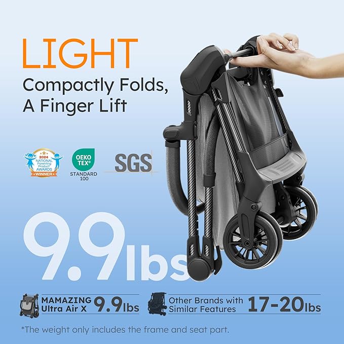 Lightweight Baby Strollers for Airplane, Ultra-Compact Travel Stroller, Light & Strong Portable Toddler Stroller with Carbon Fiber Frame and UPF 50+ Waterproof Canopy, Only 9.9 lbs, Grey