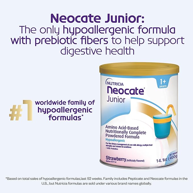 Nutricia Neocate Junior - Hypoallergenic, Dairy-free, Amino Acid-Based Formula for 1+ Years - For Toddlers, Kids & Teens - Powdered Formula - Strawberry - 14.1 oz can (Case of 4)