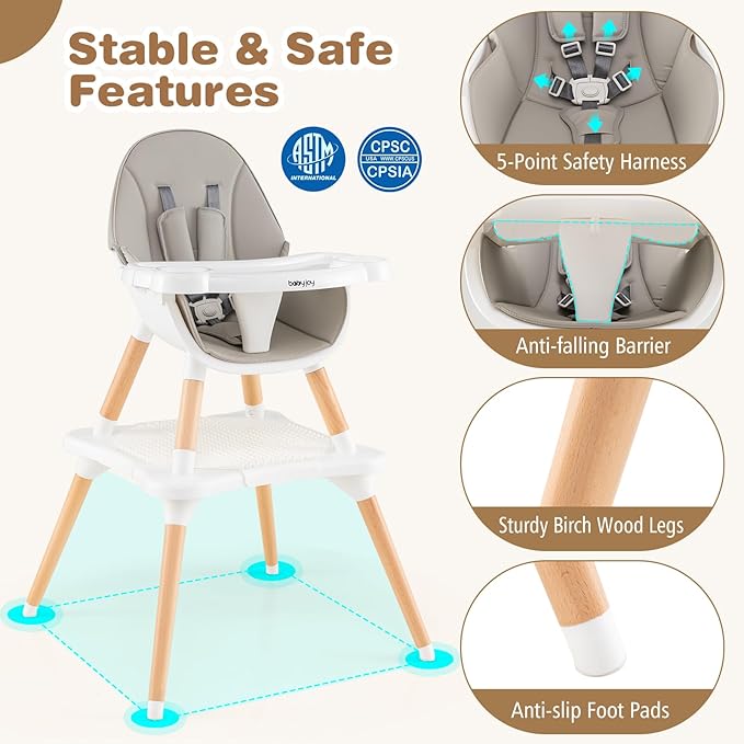 BABY JOY 6 in 1 High Chair, Convertible High Chairs for Babies and Toddlers/Booster Seat/Table and Chair Set, Infant Wooden Highchair w/ 5-Point Harness, 4-Position Removable Tray & PU Cushion (Gray)