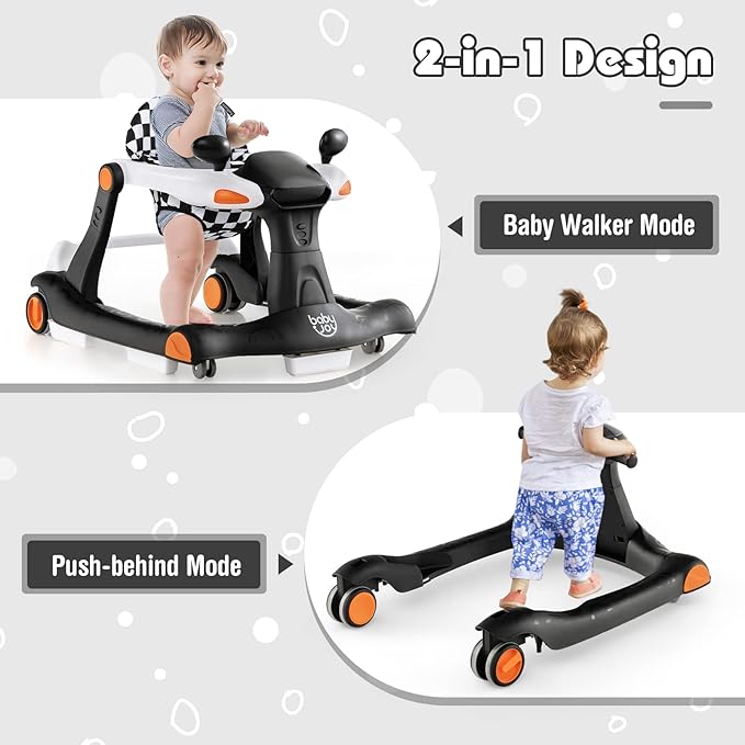 BABY JOY 2 in 1 Baby Walker, Foldable Activity Walker with Adjustable Height & Speed, Music, Lights, Mirrors, Padded Seat Cushion, Activity Baby Push Walker for Toddler Boys Girls, Ages 6-18 Months