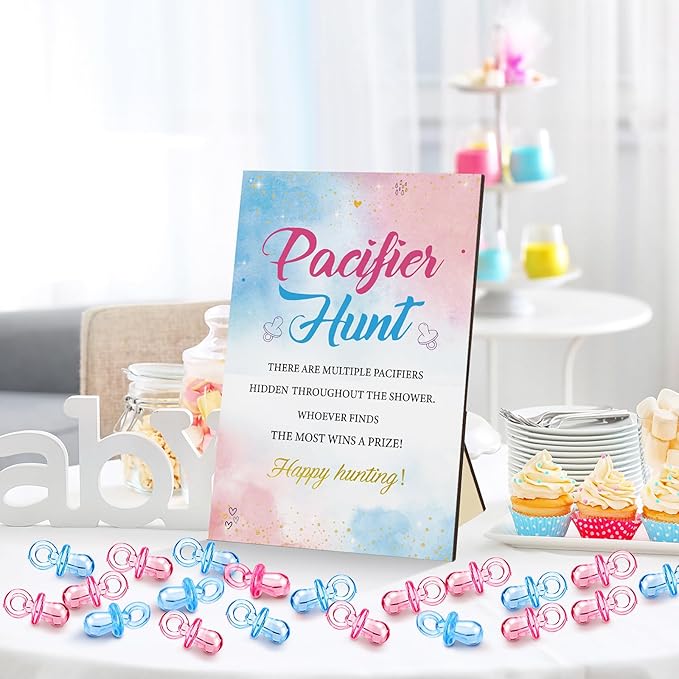 Thyle 51 Pcs Pacifier Hunt Baby Shower Games Include Hunt Sign and 50 Acrylic Pacifiers for Baby Shower Game Decoration Gift Sets Gender Reveal Party Decor(Gender Reveal)