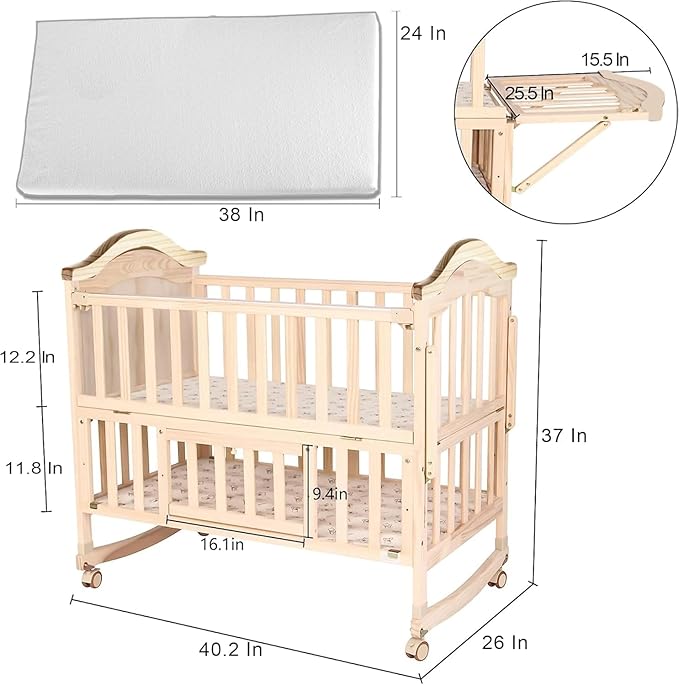 Portable Mini Baby Crib 4 in 1 Convertible with Memory Foam Mattress(38" by24) Included,cunas para Bebes 2025 Small Crib with Foldable Storage Baby Playpen Bedside Sleeper Beds(Natural Wood)