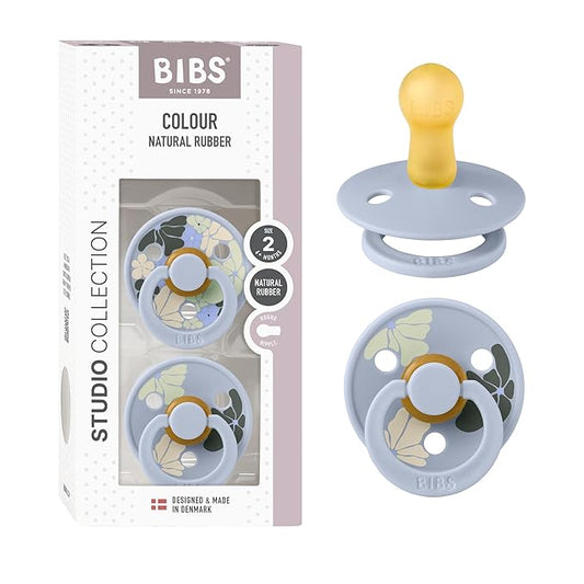 BIBS Pacifiers - Colour Studio 2 Pack | Round Nipple Baby Pacifier | BPA Free Natural Rubber Latex Soother | Made in Denmark | Size 0+ Months | Morning Bloom Dusty Blue