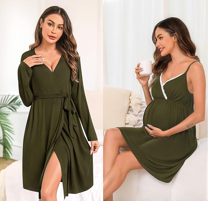 SWOMOG Womens Maternity Robe 2 Piece Nursing Nightgown for Breastfeeding 3 in 1 Labor Delivery Nursing Dress Lace Bathrobe