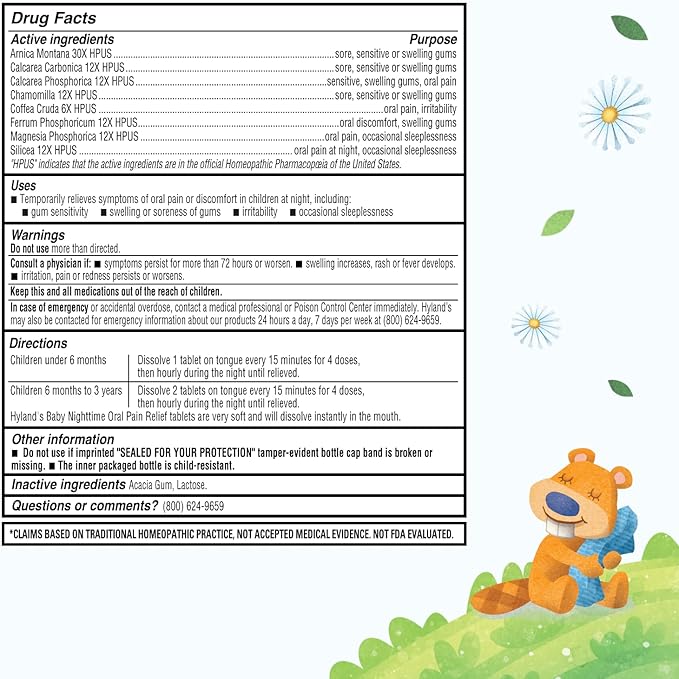 Hyland's Baby Nighttime Soothing Tablets with Chamomilla, Natural Relief of Oral Discomfort, Irritability, and Swelling, Up to 62 Doses (Pack of 1, 125 Count Total)